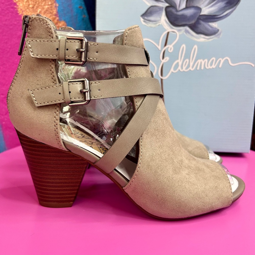 Libby Edelman Womens 7.5 Karla Open Toe Booties Putty‎ Buckle Straps New In Box